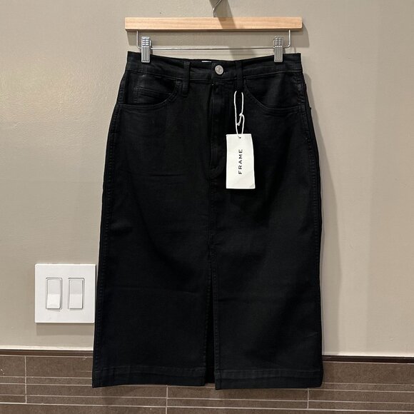 FRAME Split-Hem Coated Midi Skirt (Noir Coated Black) - Picture 8 of 16